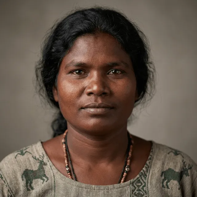 A middle-aged woman with a deep skin tone and dark wavy hair, wearing a beaded necklace and a patterned top with animal motifs, gazing directly at the camera with a neutral, serious expression.