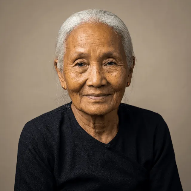 An elderly woman with white hair and small stud earrings, wearing a black top and smiling gently at the camera.
