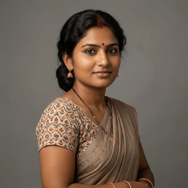 Young woman with dark hair in a bun, wearing gold jhumka earrings, a bindi, a nose ring, a beaded necklace, and a patterned blouse with a draped saree, arms crossed, with a slight smile.