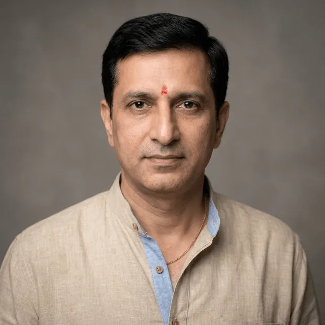 A middle-aged man with short dark hair and a red tilak mark on his forehead, wearing a beige linen shirt over a light blue collared shirt with a thin gold chain necklace, looking at the camera with a calm, neutral expression.
