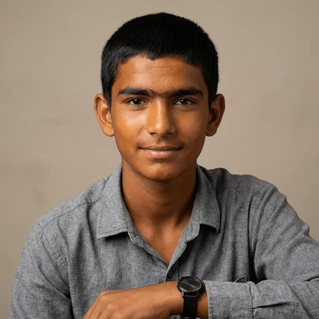 A teenage boy with short dark hair and thick eyebrows, wearing a gray collared shirt and a black wristwatch, arms crossed and giving a slight smile.