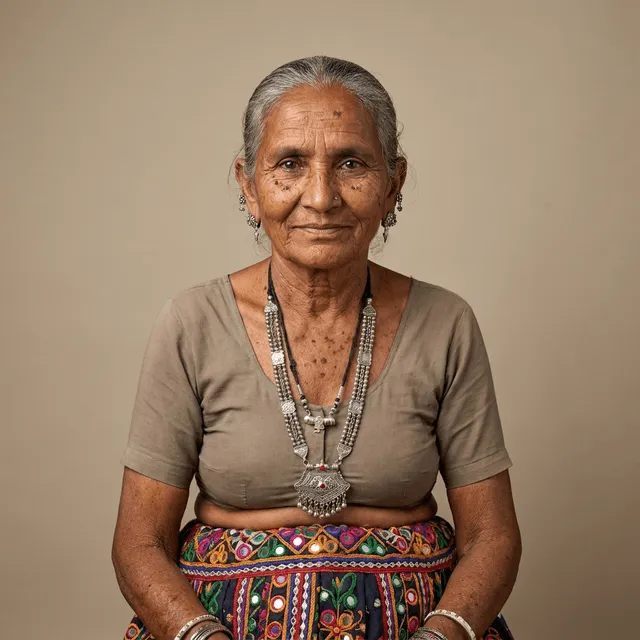 An elderly woman with gray hair pulled back, wearing dangling earrings, a layered silver beaded necklace with a red-accented pendant, a nose ring, a plain beige top over a colorful embroidered skirt, and bracelets, smiling gently.