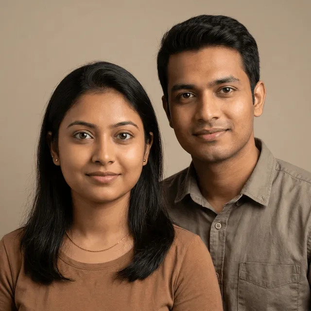 Two adults pose together: a young woman in front with long dark hair, small stud earrings, a thin gold necklace, and a brown t-shirt, smiling gently, and a young man behind her with short neat dark hair wearing a grey button-up shirt, also smiling.