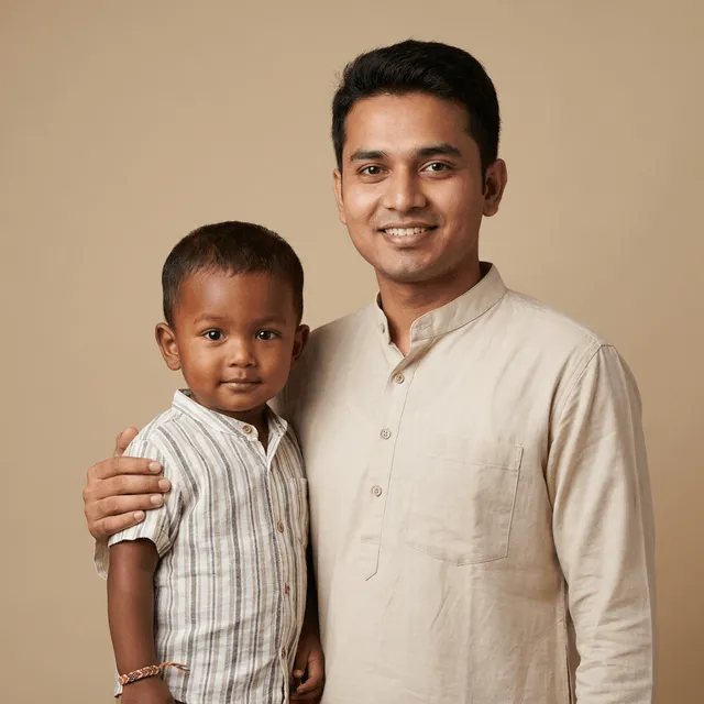 An adult man with short dark hair and light stubble, wearing a cream collarless kurta, smiles broadly with his arm around a young boy who has short dark hair, wears a striped button-up shirt and a colorful beaded bracelet, and has a neutral expression.