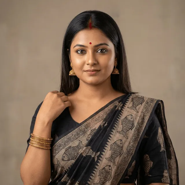 A young woman with long straight dark hair, a red bindi on her forehead, gold jhumka earrings, and stacked gold bangles on one wrist, wearing a dark sari with a fish-motif patterned border, smiling slightly with one hand raised near her shoulder.