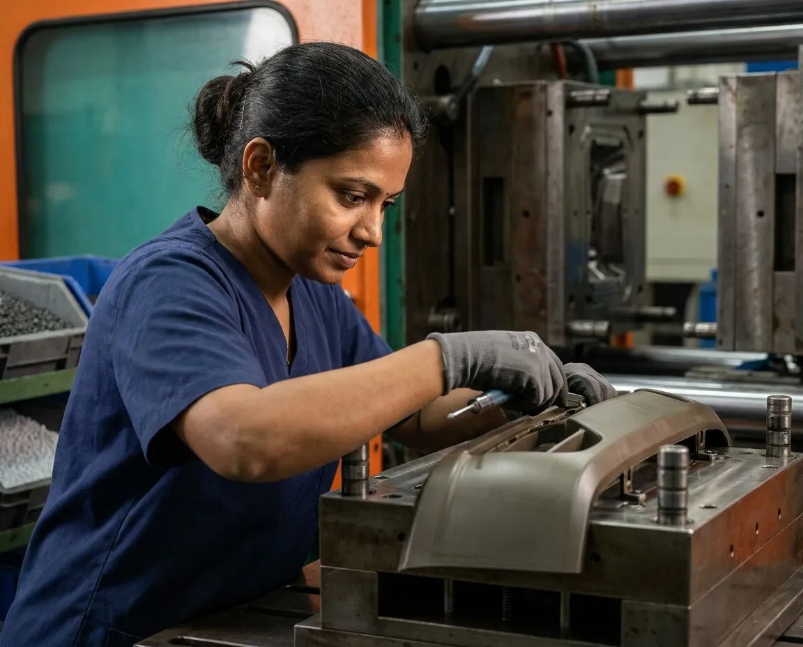 Factory worker operating injection-molding machinery