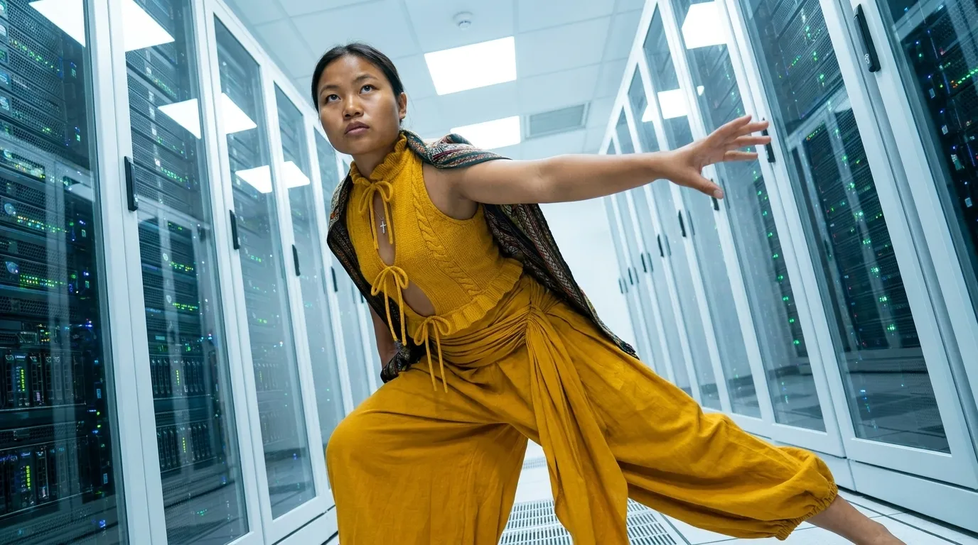 Dancer in traditional dress posing inside a data center