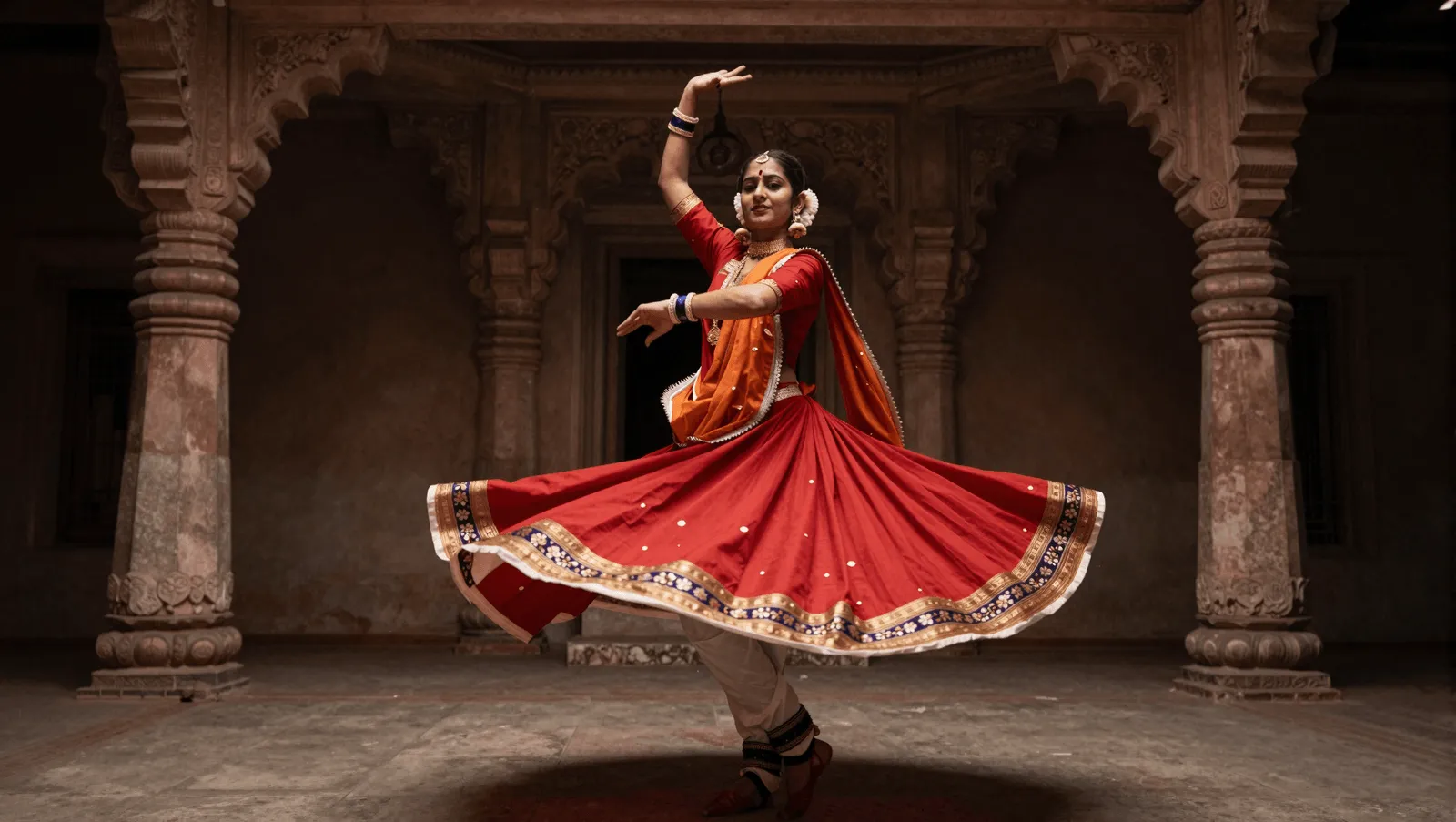 A classical Bharatanatyam dancer mid-spin in a heritage courtyard