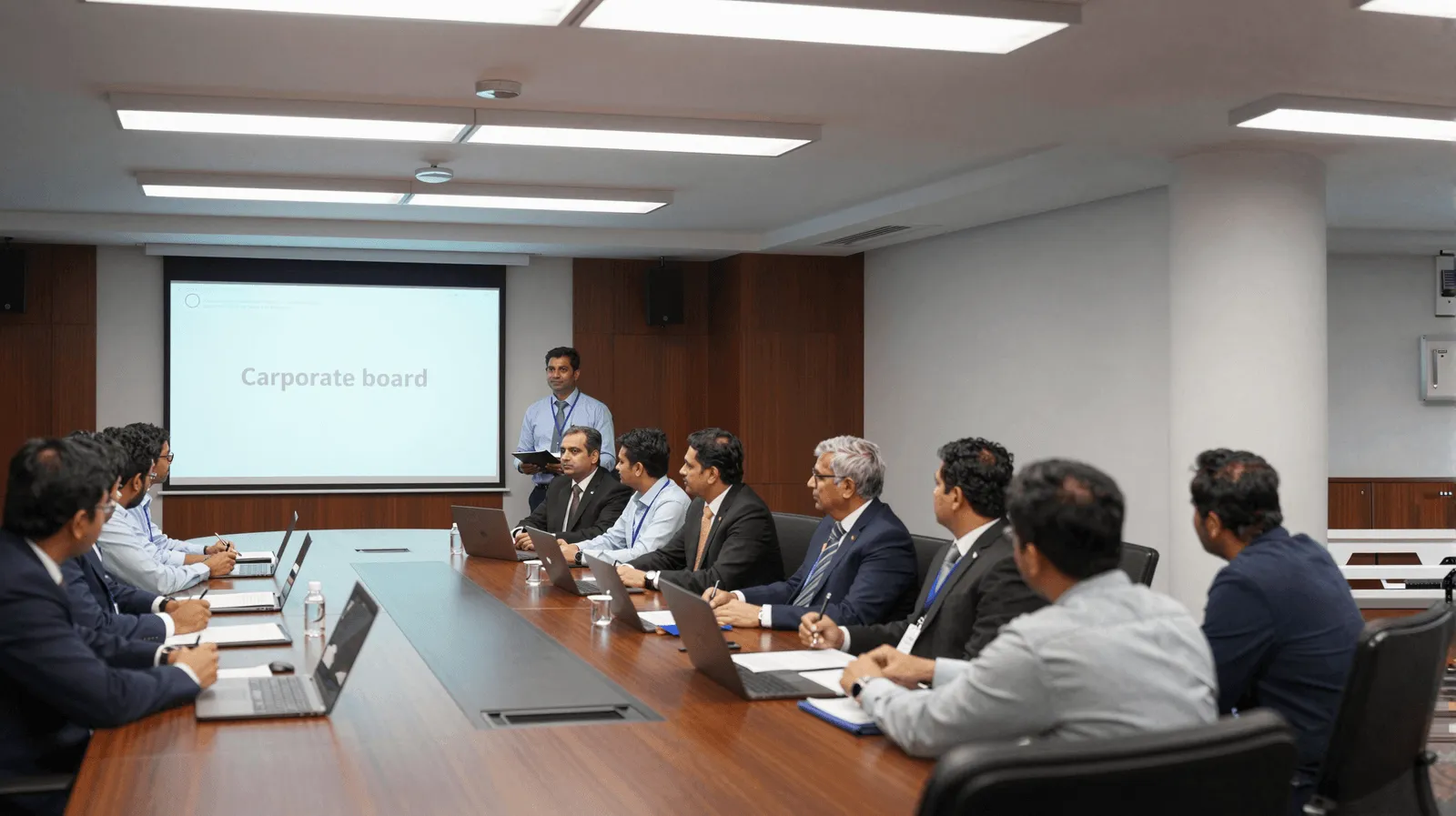 Executives in suits attending a corporate boardroom presentation