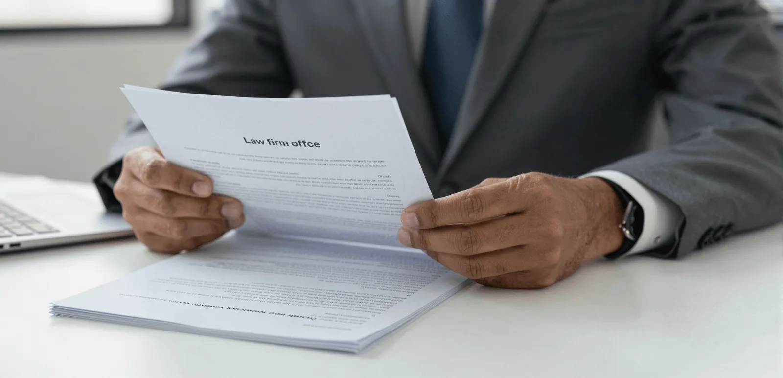 Hands reviewing legal documents at a law firm desk