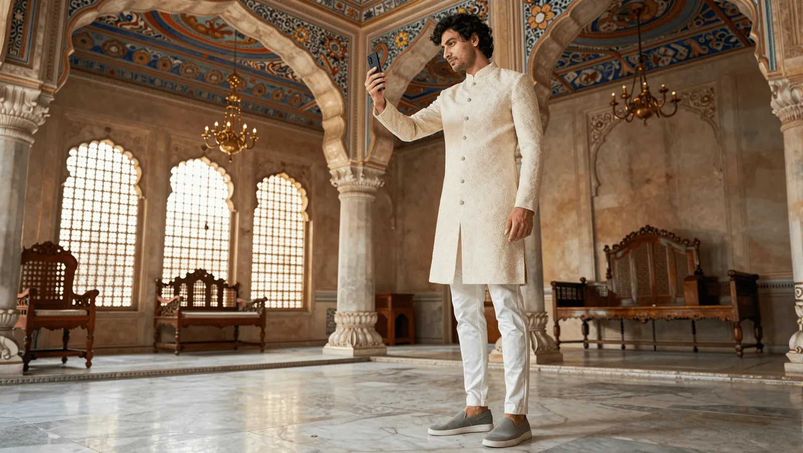 A man in an embroidered cream sherwani taking a selfie in a marble haveli