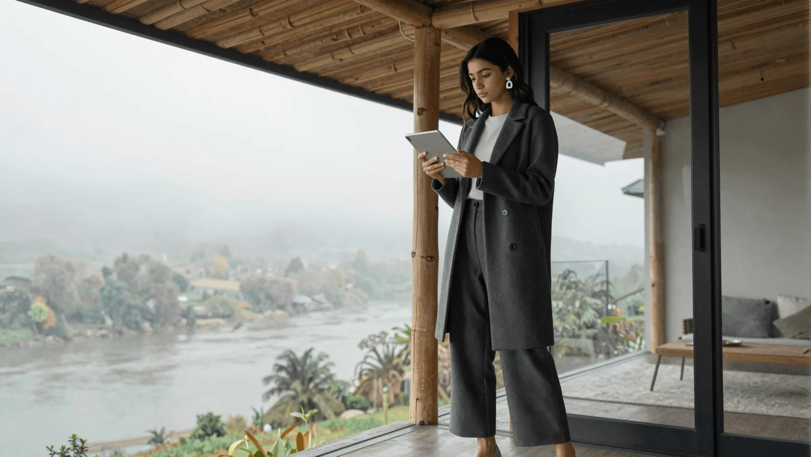 A woman in a wool coat using a tablet on a bamboo-roofed riverside balcony
