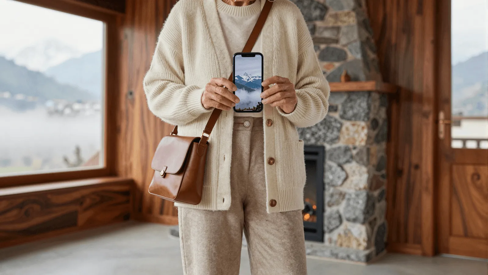 An elderly person in a cream cardigan holding up a phone showing a mountain photo