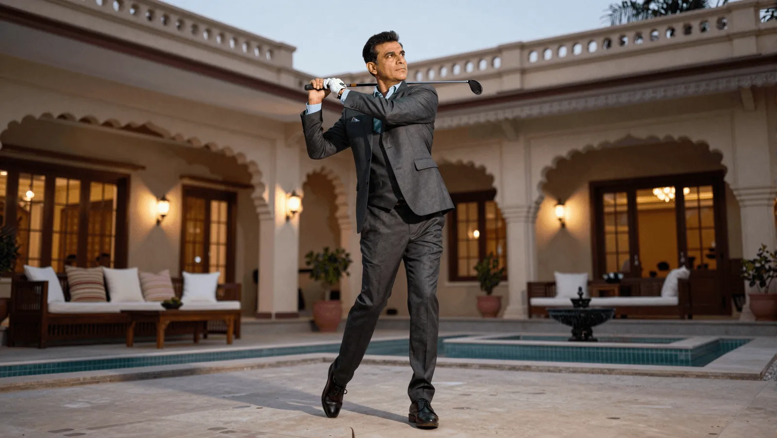 A man in a suit swinging a golf club beside a villa pool at dusk