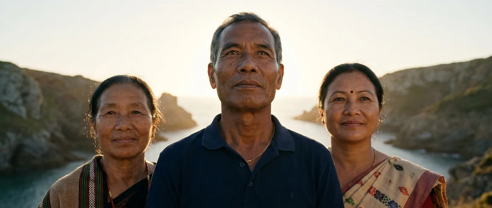 Three generations of a Northeast Indian family standing together on a coastal cliff at sunset