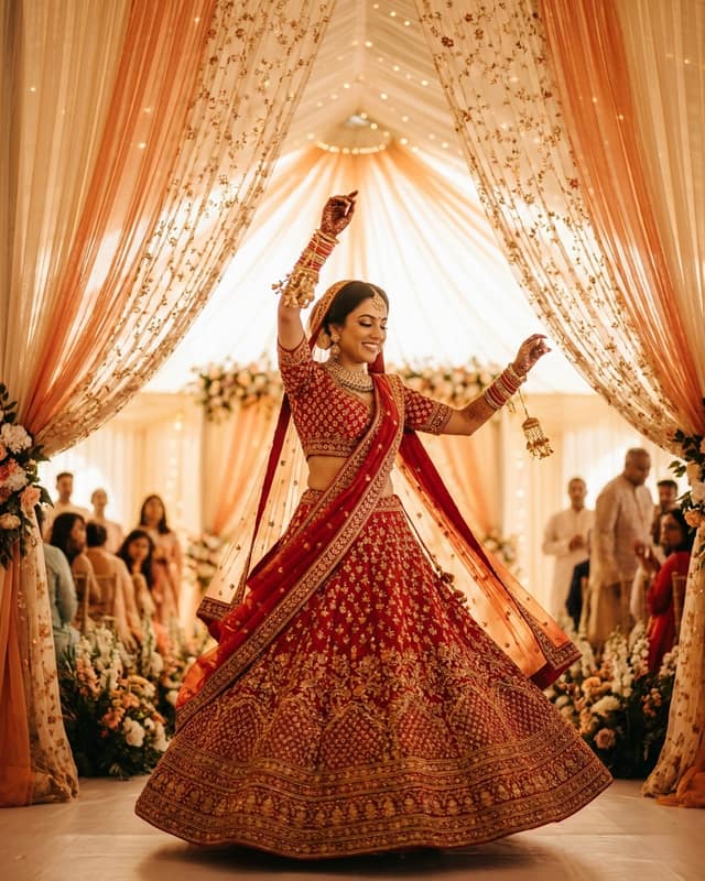 Bridal wear: Red bridal lehenga, mid-twirl on the sangeet stage, guests soft behind.