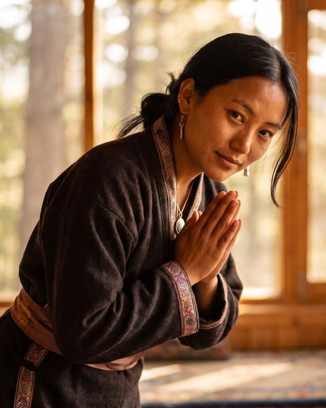 Homestay launch: Host greeting guests in a pine-wood room in the hills, morning sun through the window.
