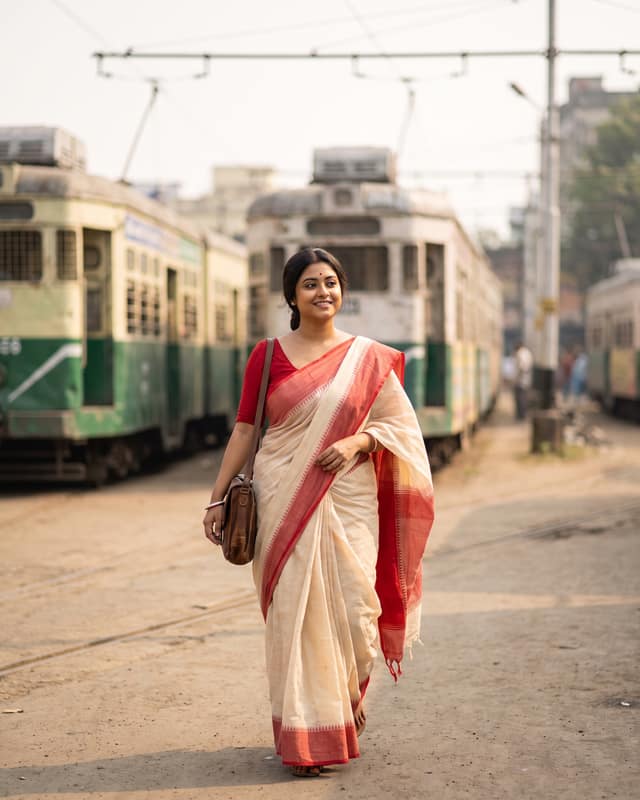 Handloom lookbook: White handloom saree with a red border, tram depot, morning.